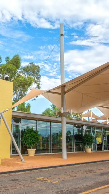 The exterior of the Desert Gardens Hotel